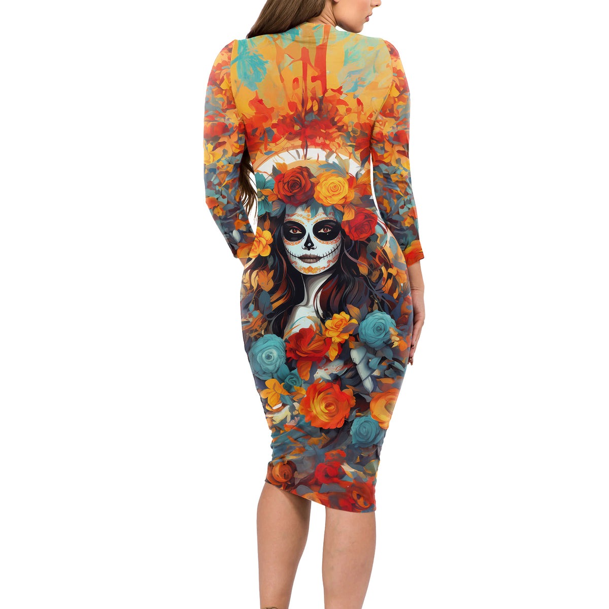 Day of Dead Lady Long Sleeve Bodycon Dress Sugar Skull Field Rose Lady - Wonder Print Shop