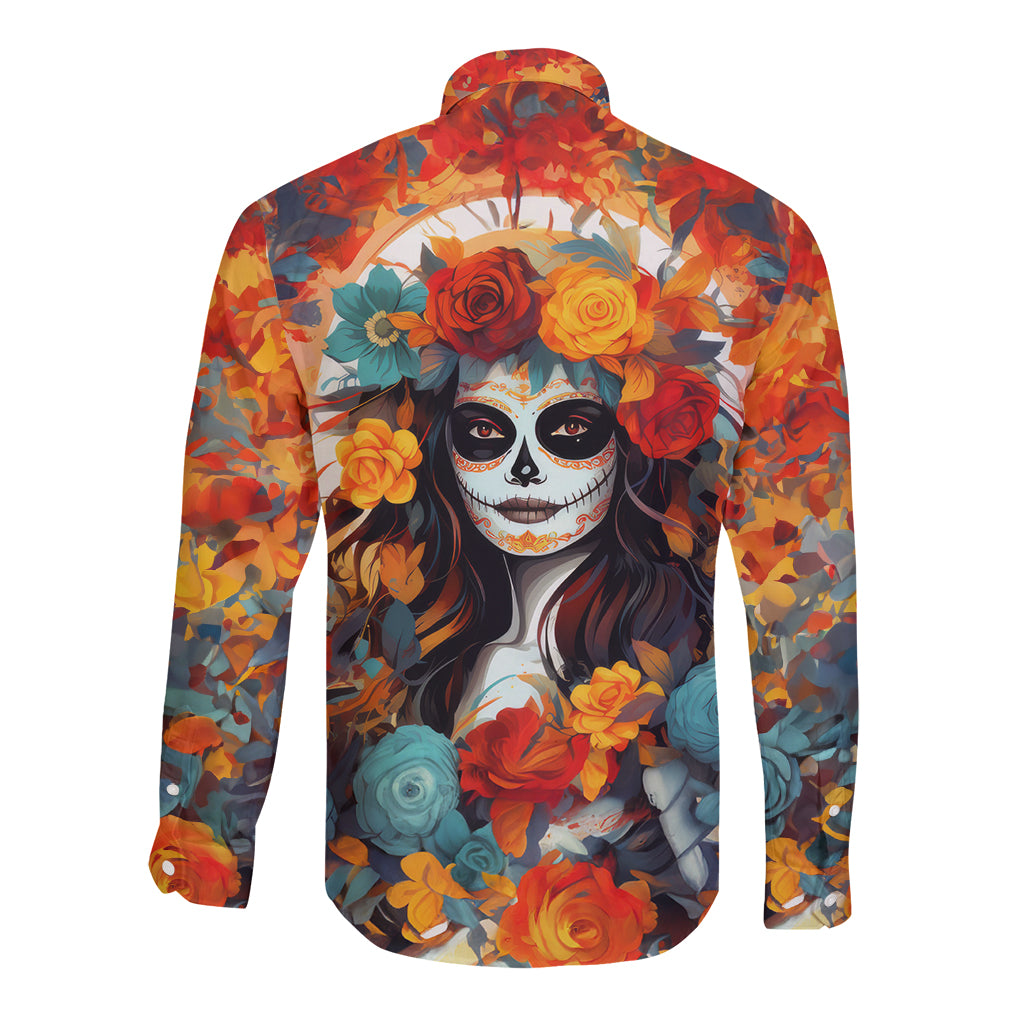 Day of Dead Lady Long Sleeve Button Shirt Sugar Skull Field Rose Lady - Wonder Print Shop
