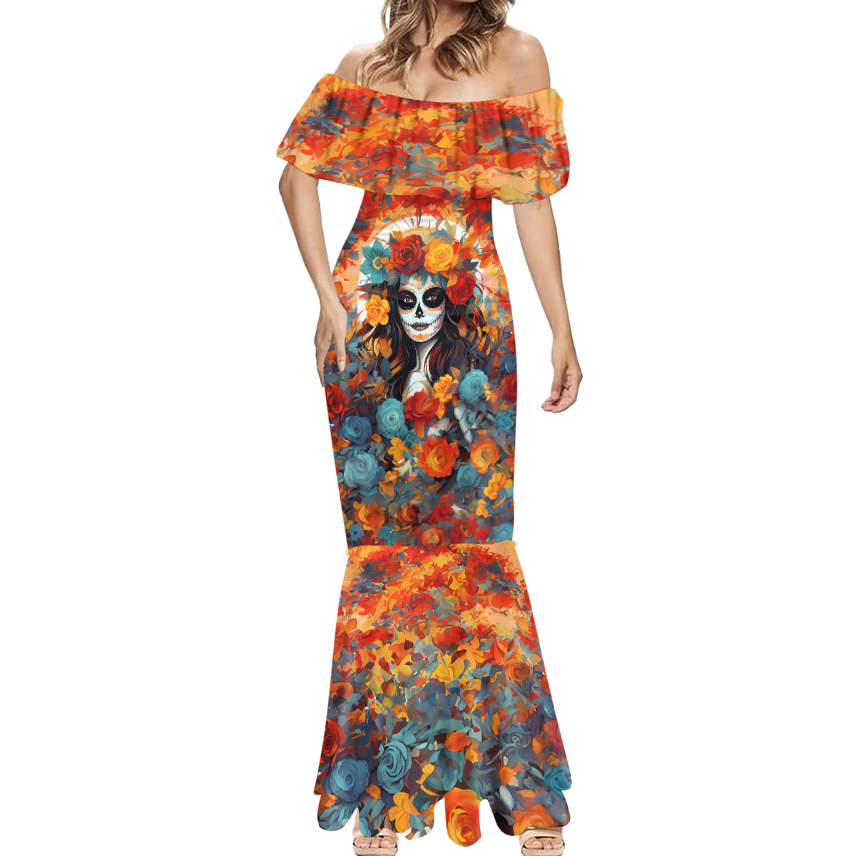 Day of Dead Lady Mermaid Dress Sugar Skull Field Rose Lady - Wonder Print Shop