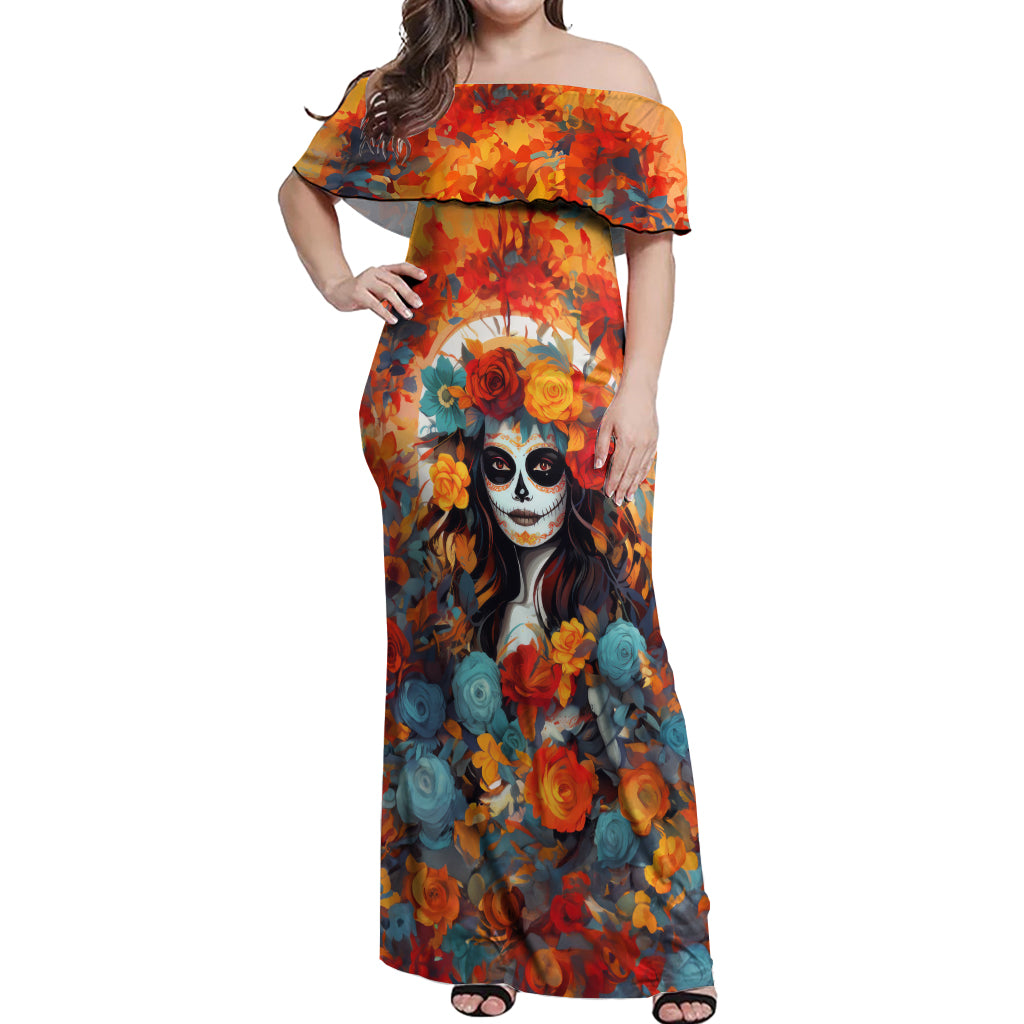 Day of Dead Lady Off Shoulder Maxi Dress Sugar Skull Field Rose Lady - Wonder Print Shop