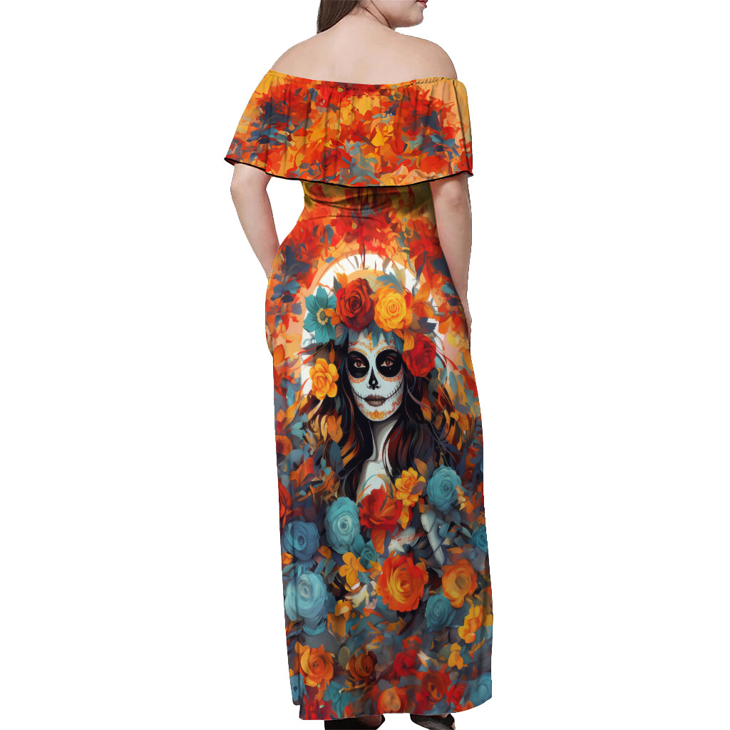 Day of Dead Lady Off Shoulder Maxi Dress Sugar Skull Field Rose Lady - Wonder Print Shop