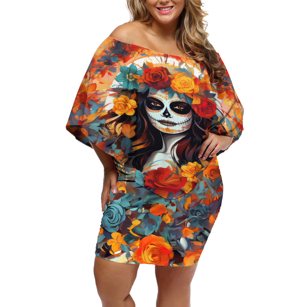 Day of Dead Lady Off Shoulder Short Dress Sugar Skull Field Rose Lady - Wonder Print Shop