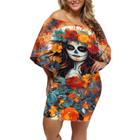 Day of Dead Lady Off Shoulder Short Dress Sugar Skull Field Rose Lady - Wonder Print Shop