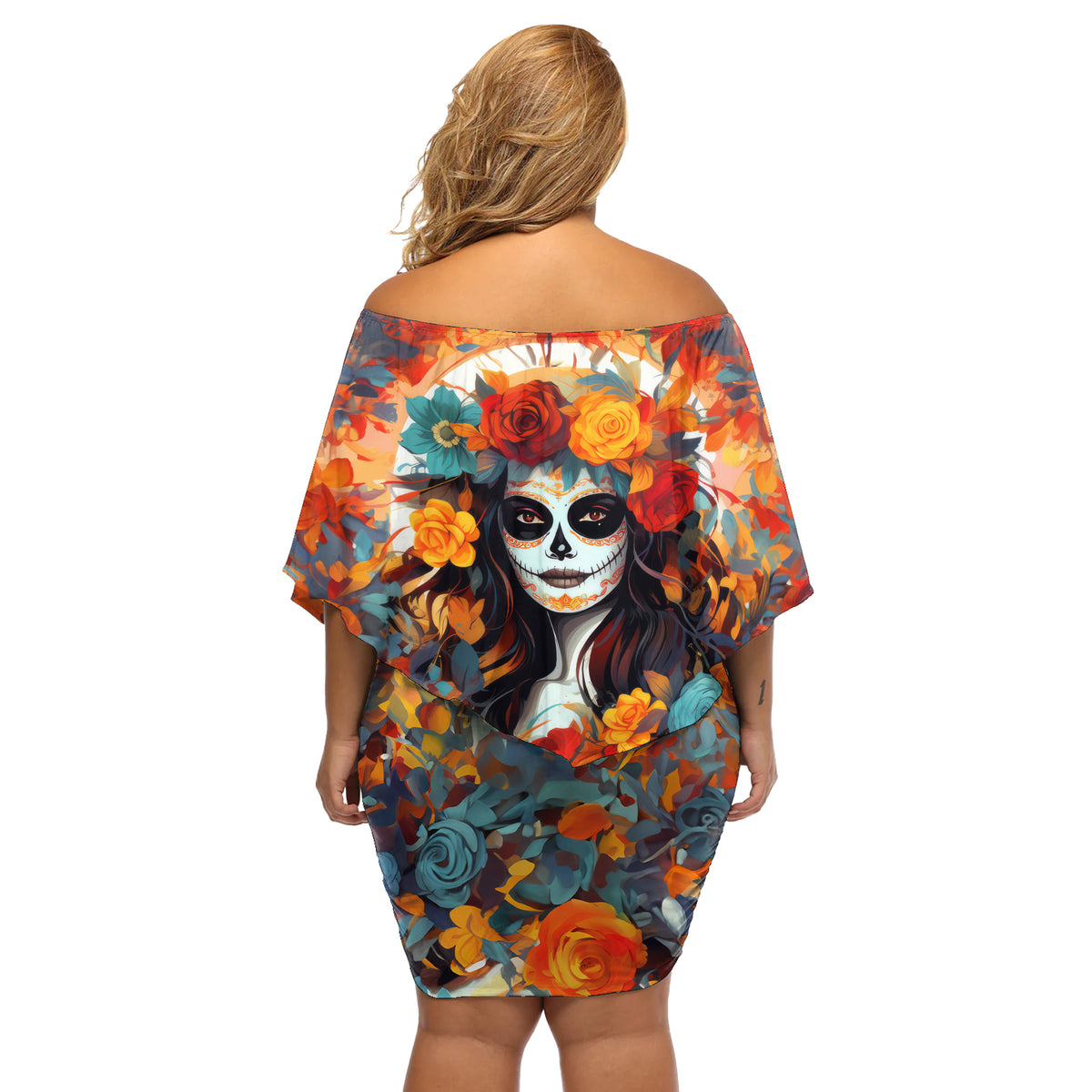 Day of Dead Lady Off Shoulder Short Dress Sugar Skull Field Rose Lady - Wonder Print Shop