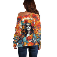 Day of Dead Lady Off Shoulder Sweater Sugar Skull Field Rose Lady - Wonder Print Shop