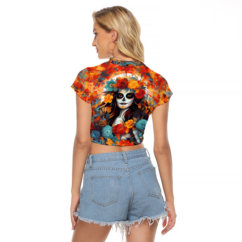 Day of Dead Lady Raglan Cropped T Shirt Sugar Skull Field Rose Lady - Wonder Print Shop