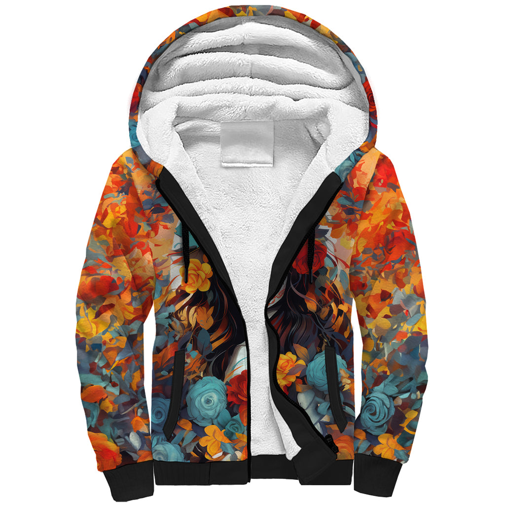 Day of Dead Lady Sherpa Hoodie Sugar Skull Field Rose Lady - Wonder Print Shop