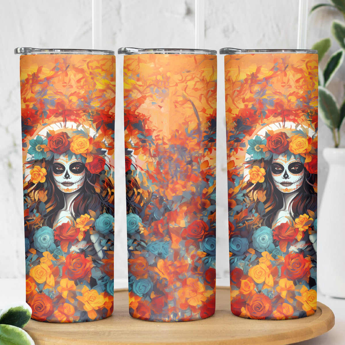 Day of Dead Lady Skinny Tumbler Sugar Skull Field Rose Lady - Wonder Print Shop