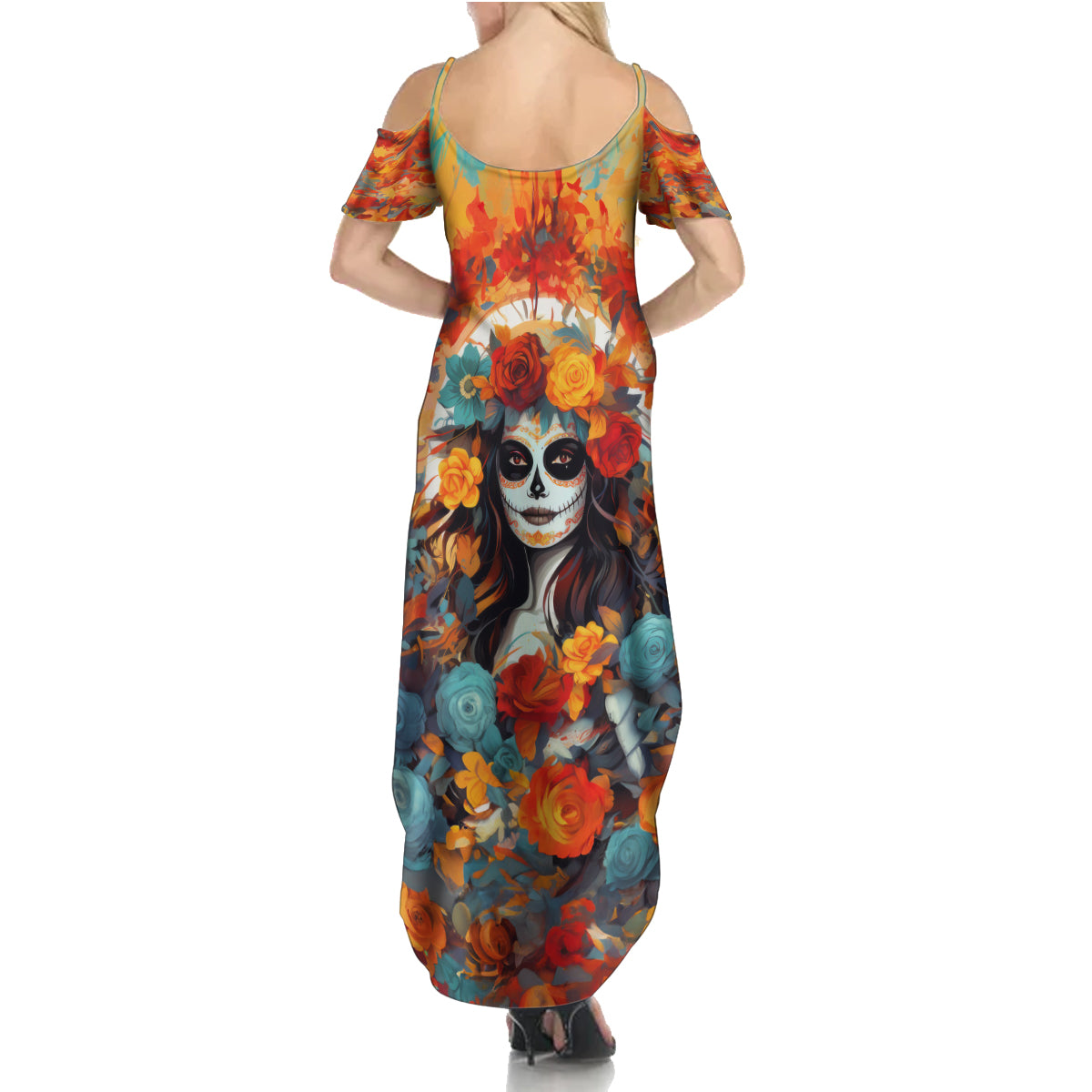 Day of Dead Lady Summer Maxi Dress Sugar Skull Field Rose Lady - Wonder Print Shop