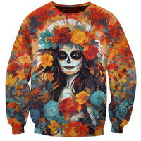 Day of Dead Lady Sweatshirt Sugar Skull Field Rose Lady - Wonder Print Shop