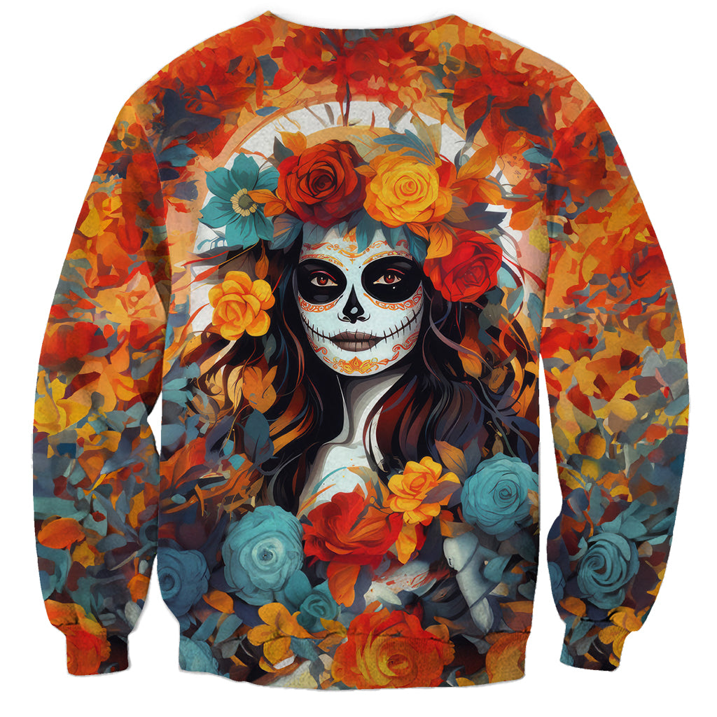 Day of Dead Lady Sweatshirt Sugar Skull Field Rose Lady - Wonder Print Shop