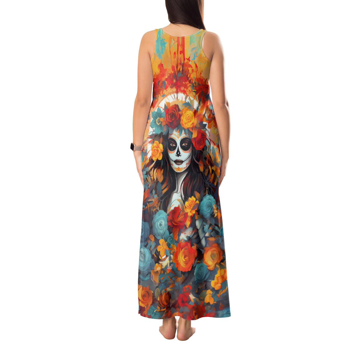 Day of Dead Lady Tank Maxi Dress Sugar Skull Field Rose Lady - Wonder Print Shop