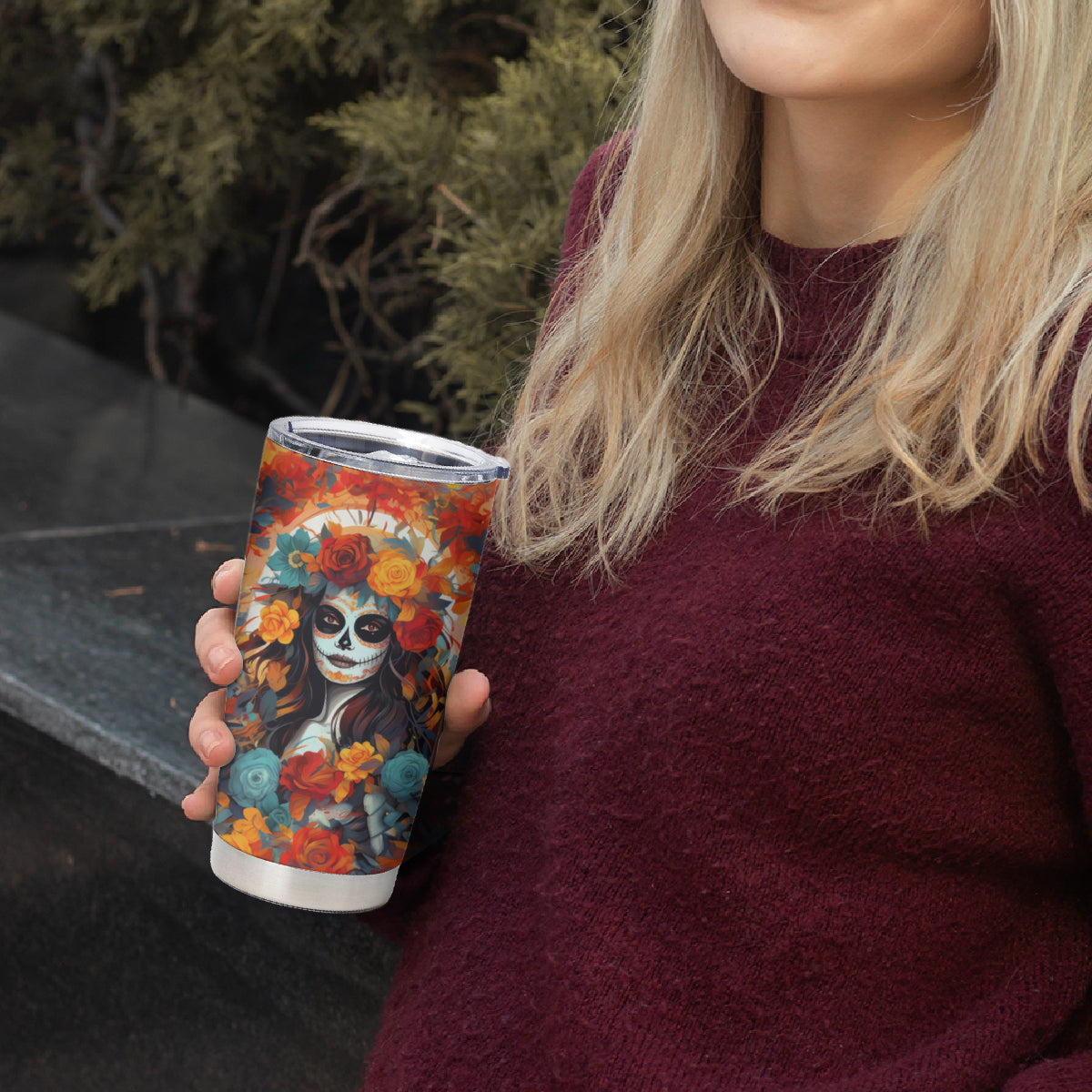 Day of Dead Lady Tumbler Cup Sugar Skull Field Rose Lady - Wonder Print Shop