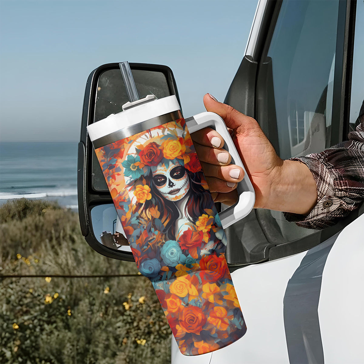 Day of Dead Lady Tumbler With Handle Sugar Skull Field Rose Lady - Wonder Print Shop