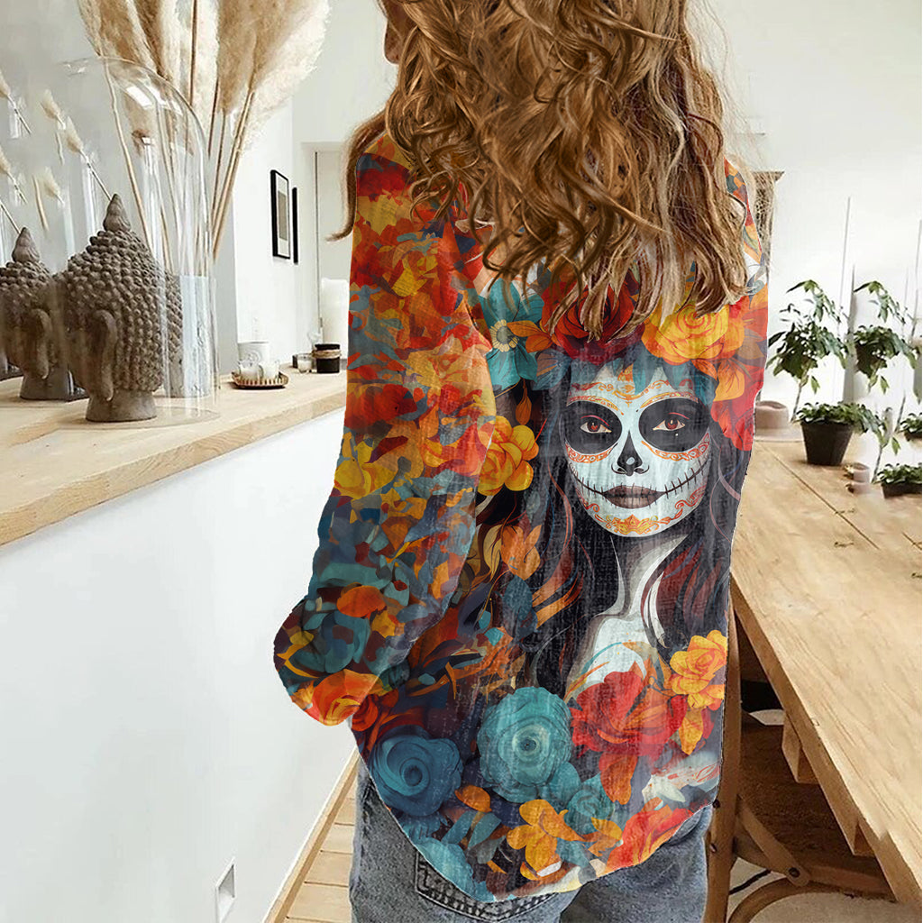 Day of Dead Lady Women Casual Shirt Sugar Skull Field Rose Lady - Wonder Print Shop