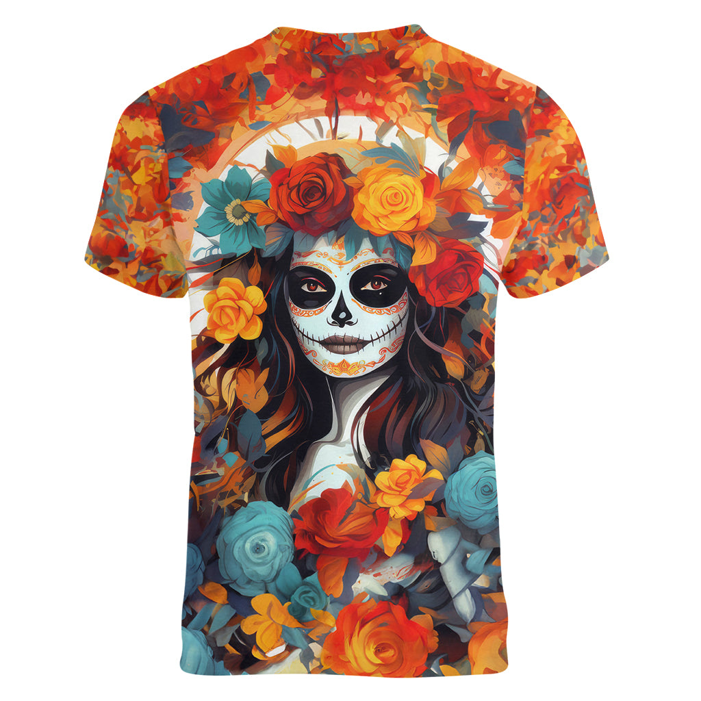 Day of Dead Lady Women V Neck T Shirt Sugar Skull Field Rose Lady - Wonder Print Shop