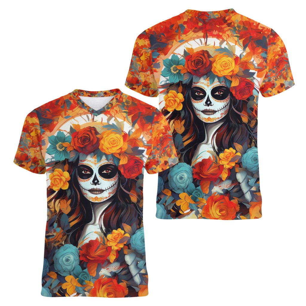 Day of Dead Lady Women V Neck T Shirt Sugar Skull Field Rose Lady - Wonder Print Shop