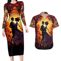 Day of Dead Couple Couples Matching Long Sleeve Bodycon Dress and Hawaiian Shirt Sugar Skull Couple Dancing - Wonder Print Shop