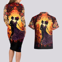 Day of Dead Couple Couples Matching Long Sleeve Bodycon Dress and Hawaiian Shirt Sugar Skull Couple Dancing - Wonder Print Shop
