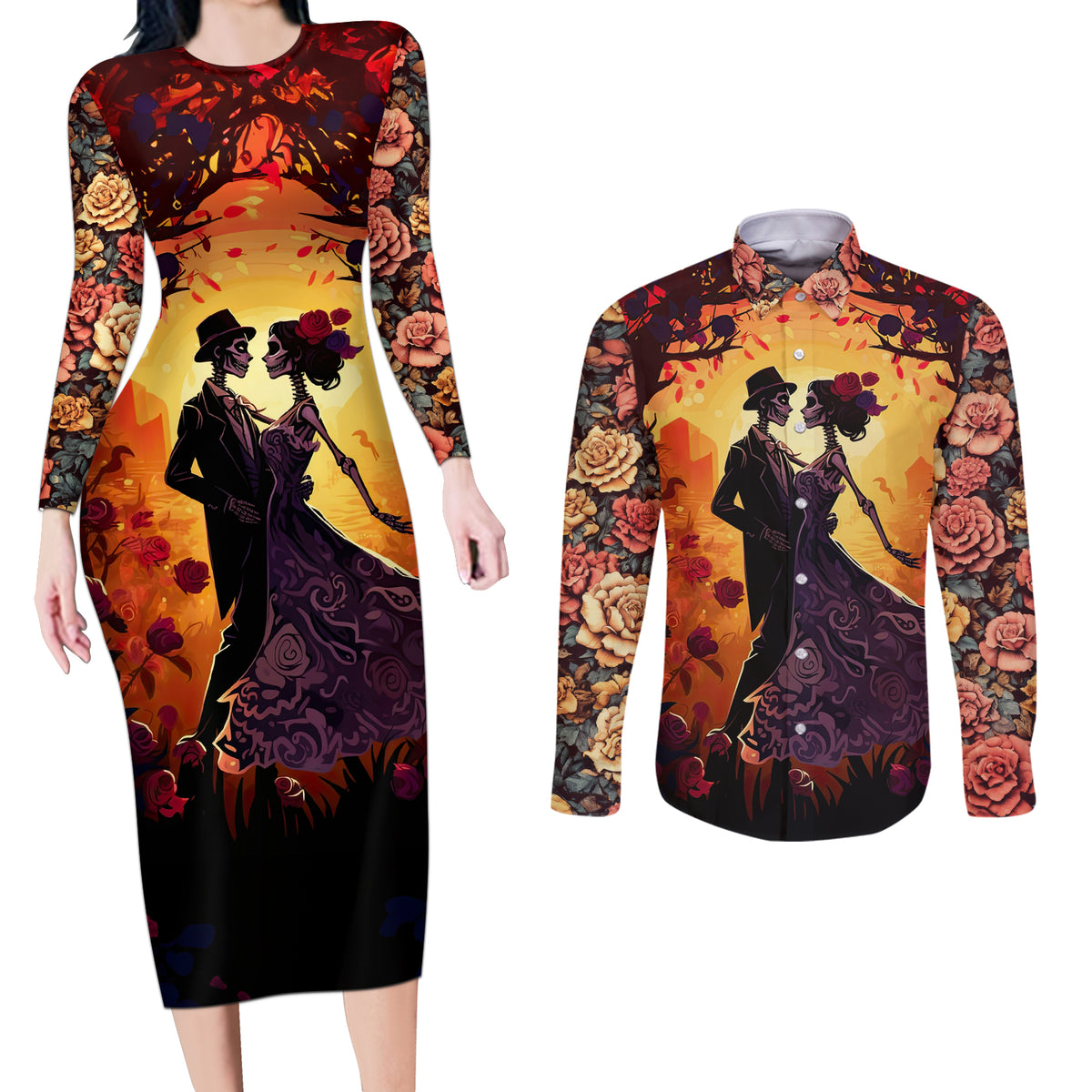 Day of Dead Couple Couples Matching Long Sleeve Bodycon Dress and Long Sleeve Button Shirt Sugar Skull Couple Dancing - Wonder Print Shop