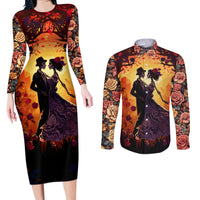 Day of Dead Couple Couples Matching Long Sleeve Bodycon Dress and Long Sleeve Button Shirt Sugar Skull Couple Dancing - Wonder Print Shop