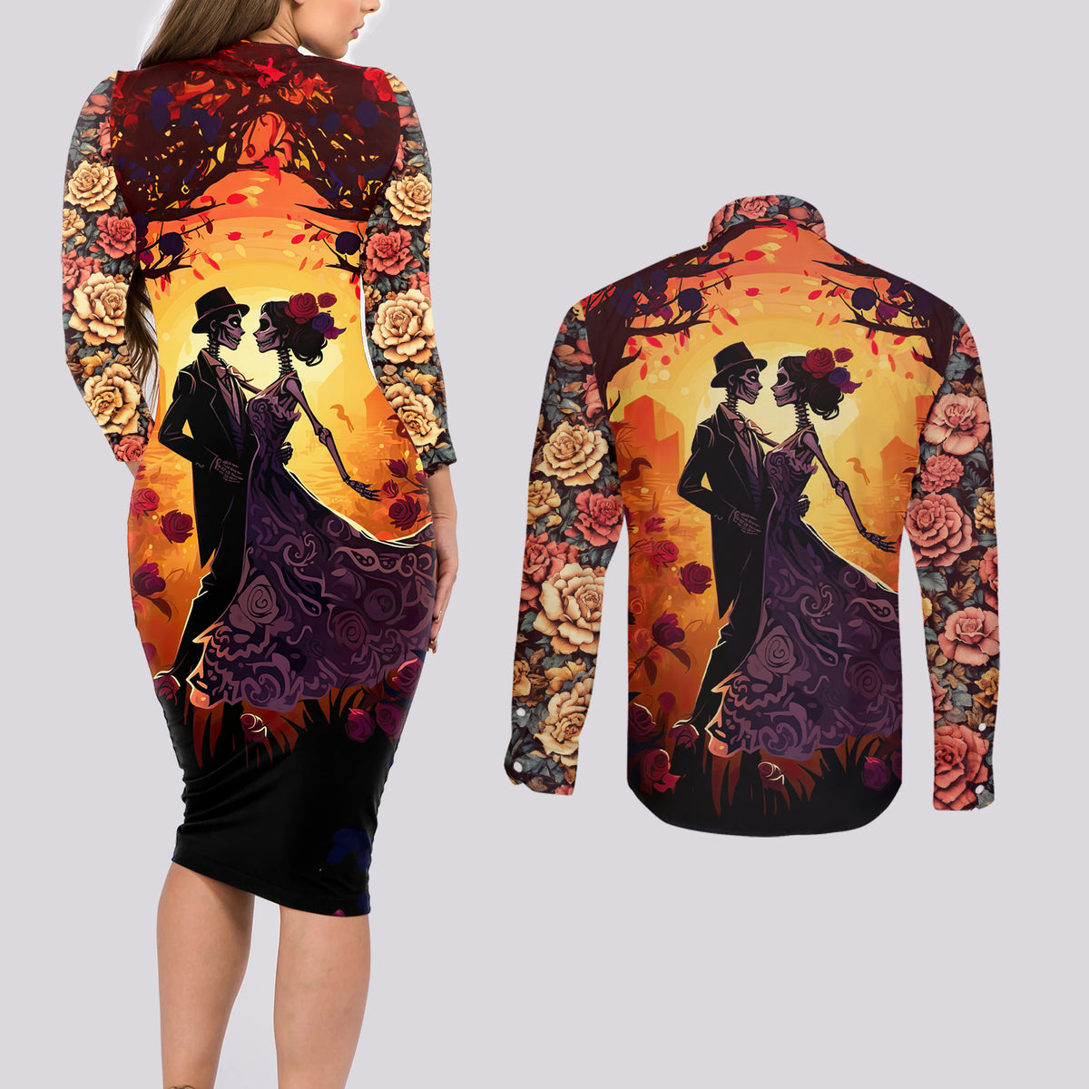 Day of Dead Couple Couples Matching Long Sleeve Bodycon Dress and Long Sleeve Button Shirt Sugar Skull Couple Dancing - Wonder Print Shop