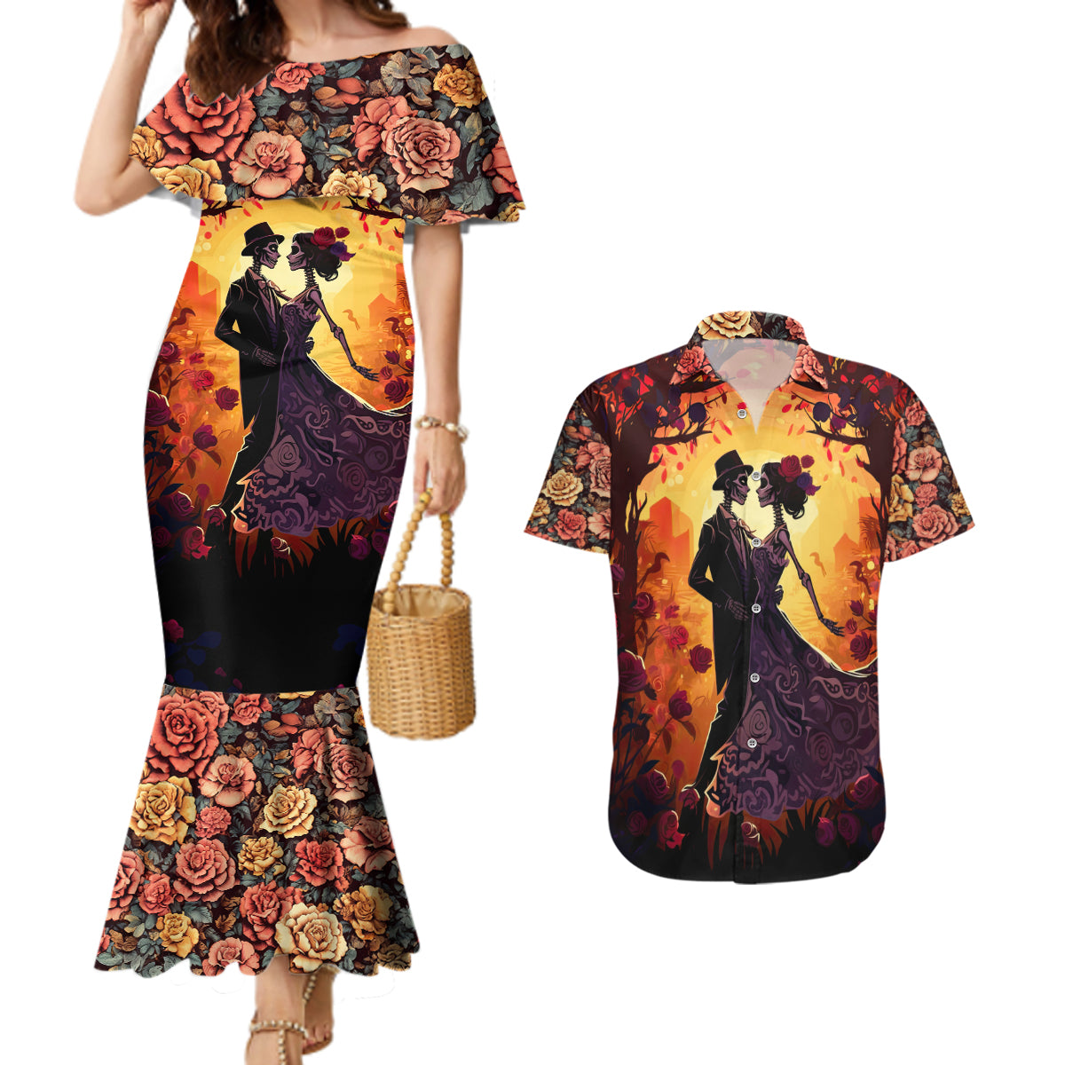 Day of Dead Couple Couples Matching Mermaid Dress and Hawaiian Shirt Sugar Skull Couple Dancing - Wonder Print Shop