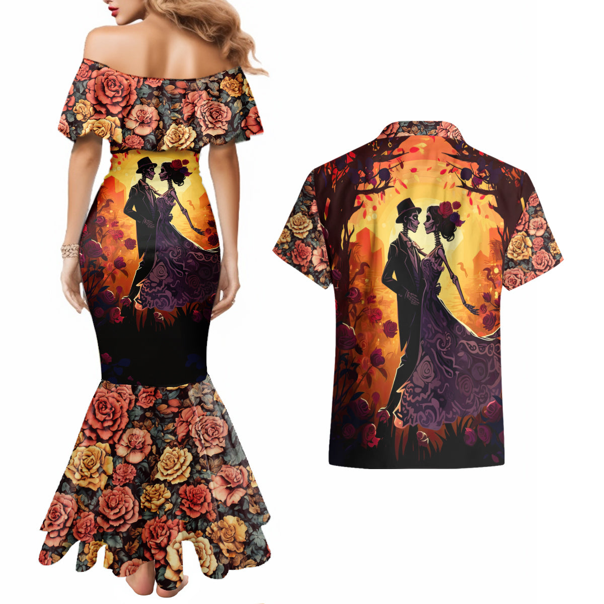 Day of Dead Couple Couples Matching Mermaid Dress and Hawaiian Shirt Sugar Skull Couple Dancing - Wonder Print Shop