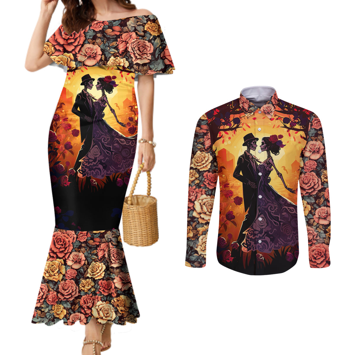 day-of-dead-couple-couples-matching-mermaid-dress-and-long-sleeve-button-shirt-sugar-skull-couple-dancing
