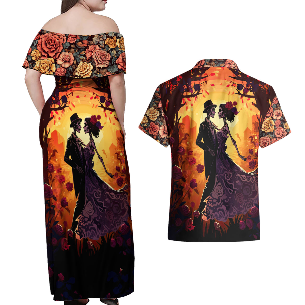Day of Dead Couple Couples Matching Off Shoulder Maxi Dress and Hawaiian Shirt Sugar Skull Couple Dancing - Wonder Print Shop