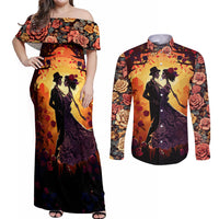 Day of Dead Couple Couples Matching Off Shoulder Maxi Dress and Long Sleeve Button Shirt Sugar Skull Couple Dancing - Wonder Print Shop