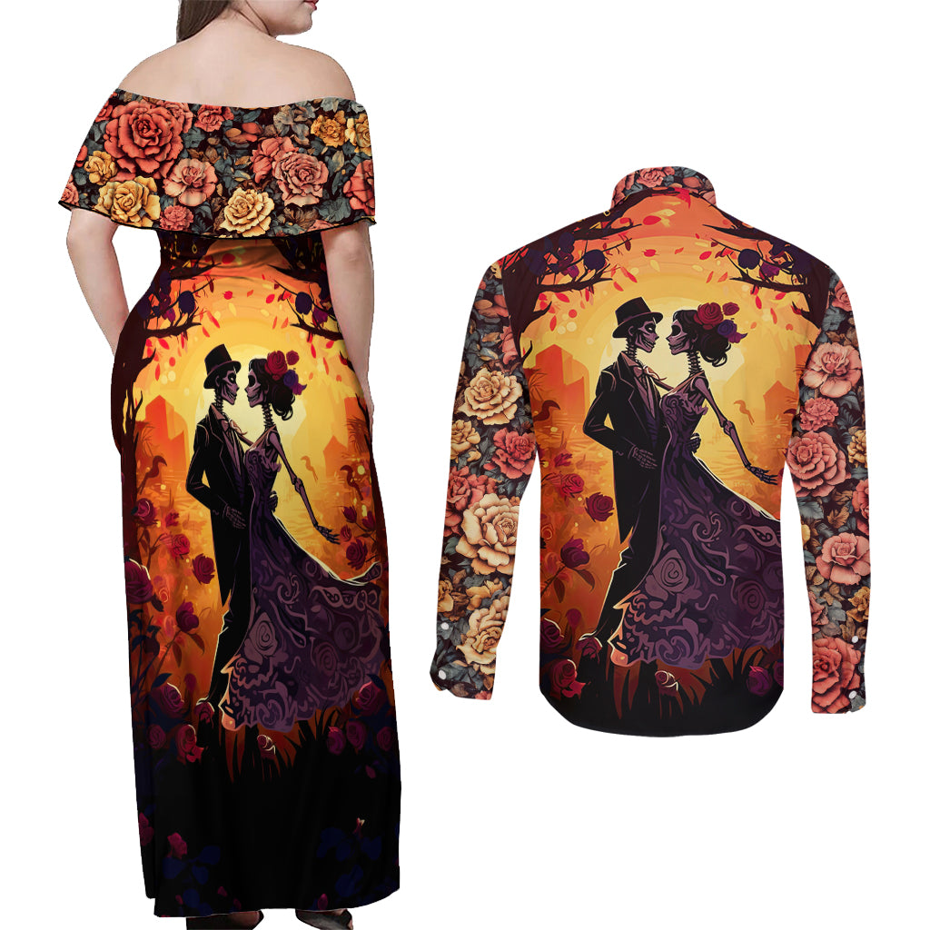 Day of Dead Couple Couples Matching Off Shoulder Maxi Dress and Long Sleeve Button Shirt Sugar Skull Couple Dancing - Wonder Print Shop
