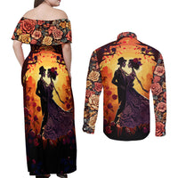 Day of Dead Couple Couples Matching Off Shoulder Maxi Dress and Long Sleeve Button Shirt Sugar Skull Couple Dancing - Wonder Print Shop