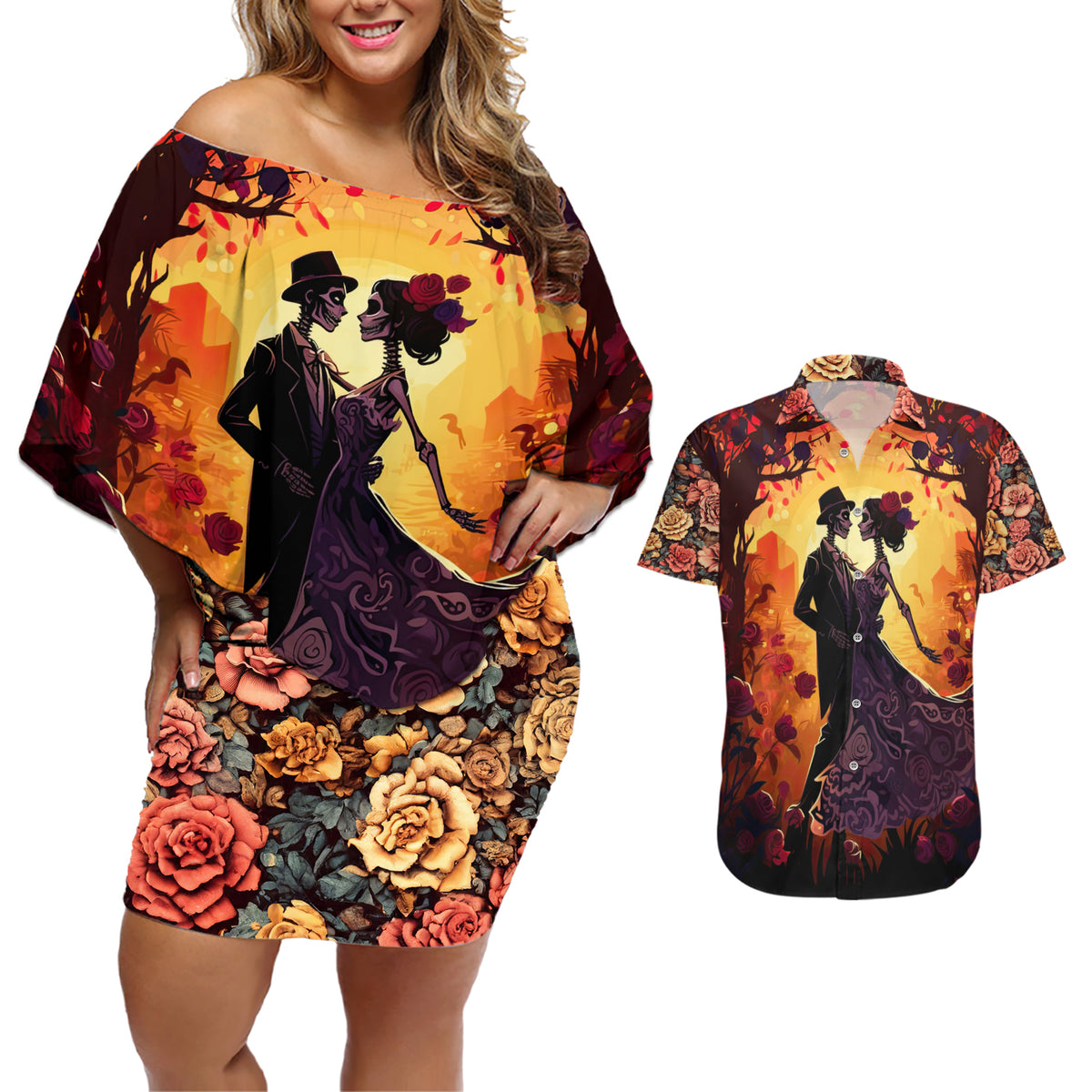 Day of Dead Couple Couples Matching Off Shoulder Short Dress and Hawaiian Shirt Sugar Skull Couple Dancing - Wonder Print Shop