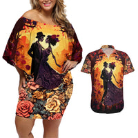 Day of Dead Couple Couples Matching Off Shoulder Short Dress and Hawaiian Shirt Sugar Skull Couple Dancing - Wonder Print Shop
