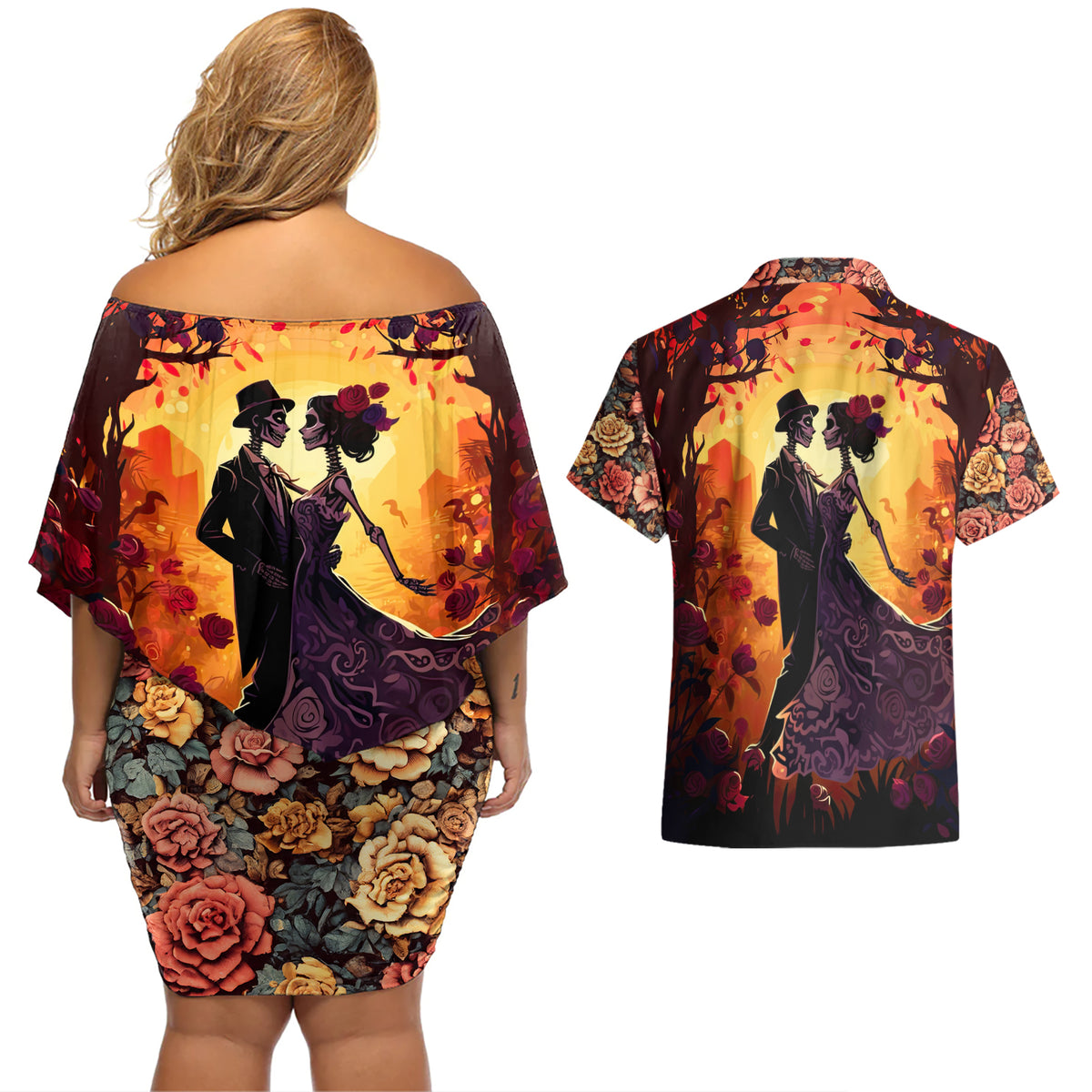 Day of Dead Couple Couples Matching Off Shoulder Short Dress and Hawaiian Shirt Sugar Skull Couple Dancing - Wonder Print Shop