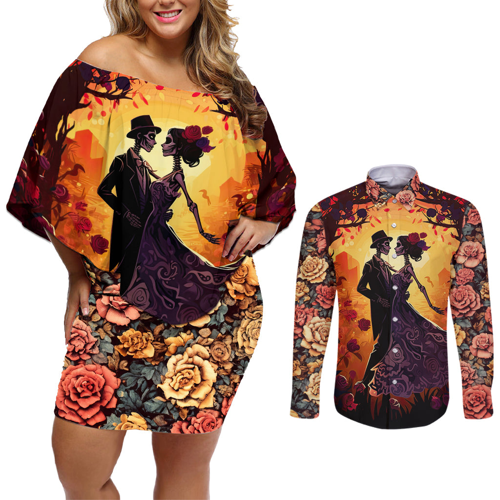 Day of Dead Couple Couples Matching Off Shoulder Short Dress and Long Sleeve Button Shirt Sugar Skull Couple Dancing - Wonder Print Shop