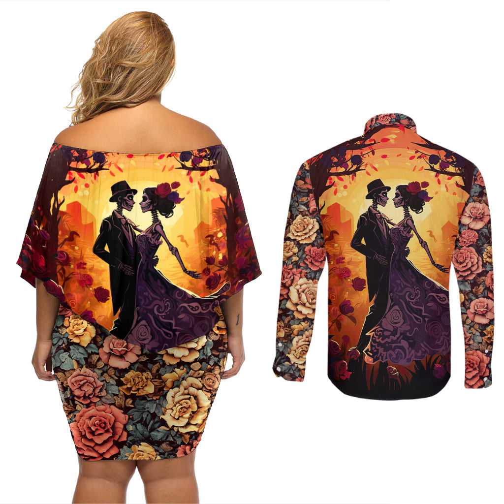 Day of Dead Couple Couples Matching Off Shoulder Short Dress and Long Sleeve Button Shirt Sugar Skull Couple Dancing - Wonder Print Shop