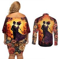 Day of Dead Couple Couples Matching Off Shoulder Short Dress and Long Sleeve Button Shirt Sugar Skull Couple Dancing - Wonder Print Shop