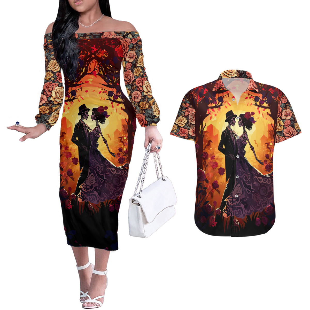 Day of Dead Couple Couples Matching Off The Shoulder Long Sleeve Dress and Hawaiian Shirt Sugar Skull Couple Dancing - Wonder Print Shop