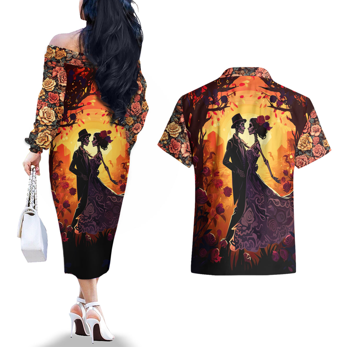 Day of Dead Couple Couples Matching Off The Shoulder Long Sleeve Dress and Hawaiian Shirt Sugar Skull Couple Dancing - Wonder Print Shop