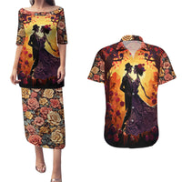 Day of Dead Couple Couples Matching Puletasi Dress and Hawaiian Shirt Sugar Skull Couple Dancing - Wonder Print Shop