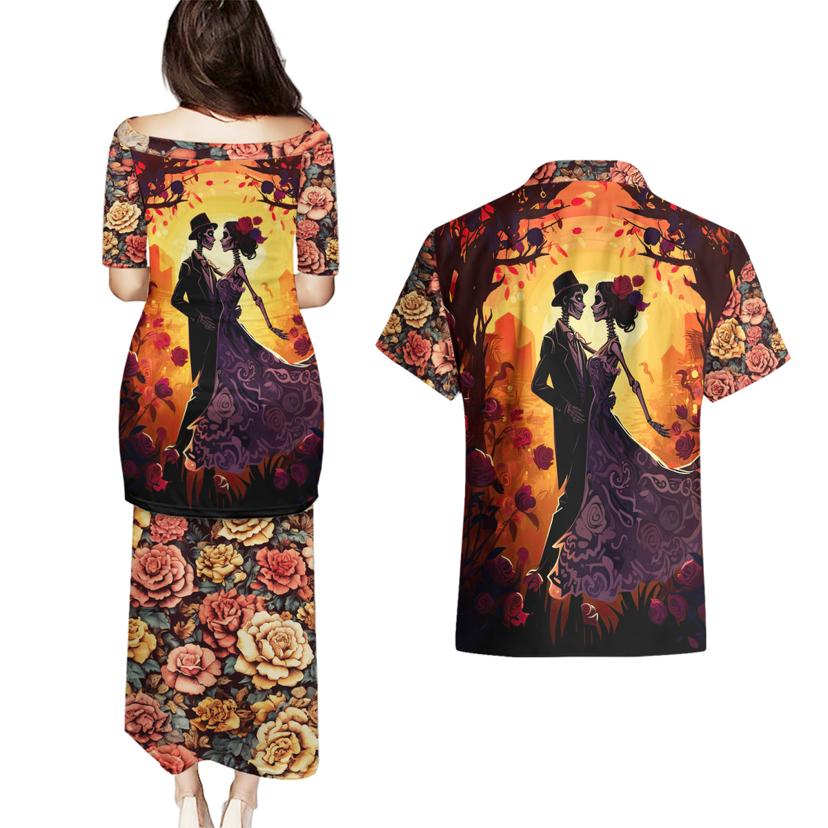 Day of Dead Couple Couples Matching Puletasi Dress and Hawaiian Shirt Sugar Skull Couple Dancing - Wonder Print Shop