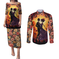 Day of Dead Couple Couples Matching Puletasi Dress and Long Sleeve Button Shirt Sugar Skull Couple Dancing - Wonder Print Shop