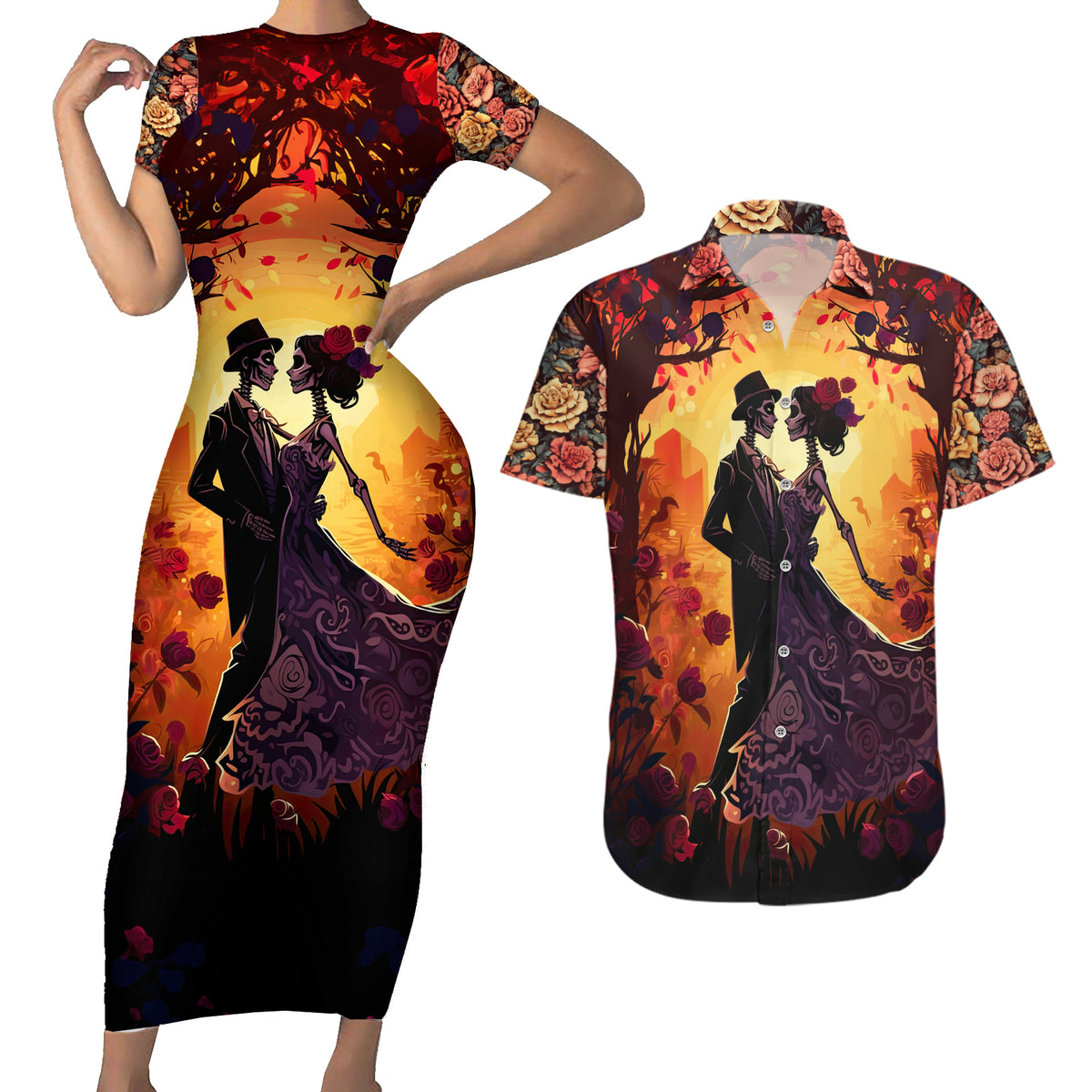 Day of Dead Couple Couples Matching Short Sleeve Bodycon Dress and Hawaiian Shirt Sugar Skull Couple Dancing - Wonder Print Shop