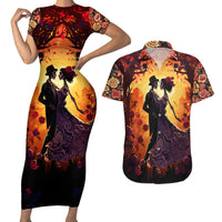 Day of Dead Couple Couples Matching Short Sleeve Bodycon Dress and Hawaiian Shirt Sugar Skull Couple Dancing - Wonder Print Shop