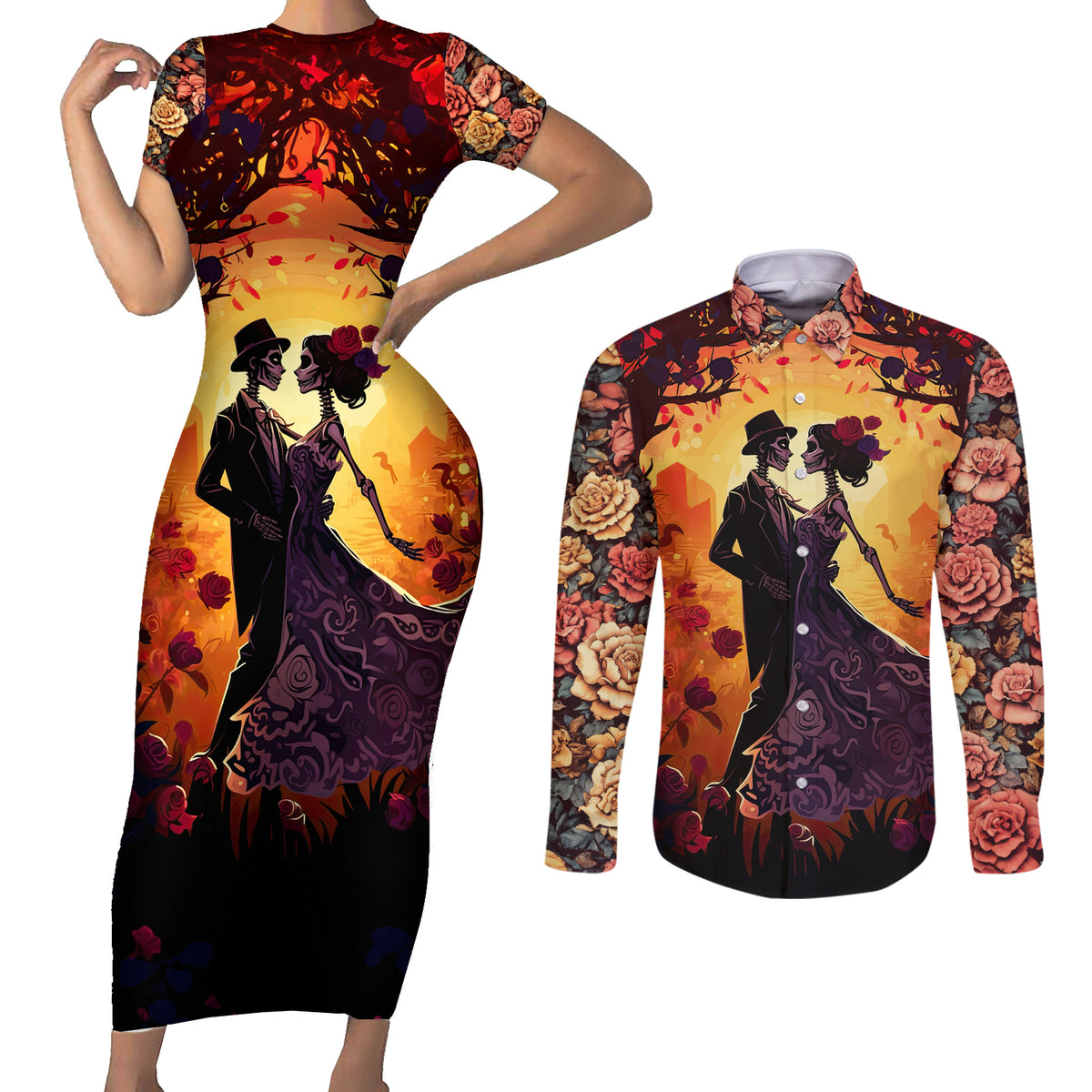 Day of Dead Couple Couples Matching Short Sleeve Bodycon Dress and Long Sleeve Button Shirt Sugar Skull Couple Dancing - Wonder Print Shop