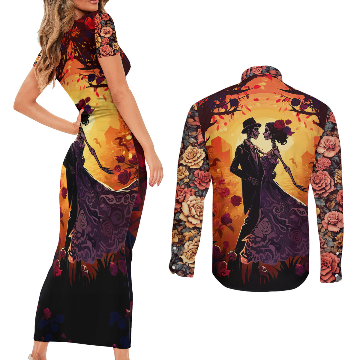 Day of Dead Couple Couples Matching Short Sleeve Bodycon Dress and Long Sleeve Button Shirt Sugar Skull Couple Dancing - Wonder Print Shop
