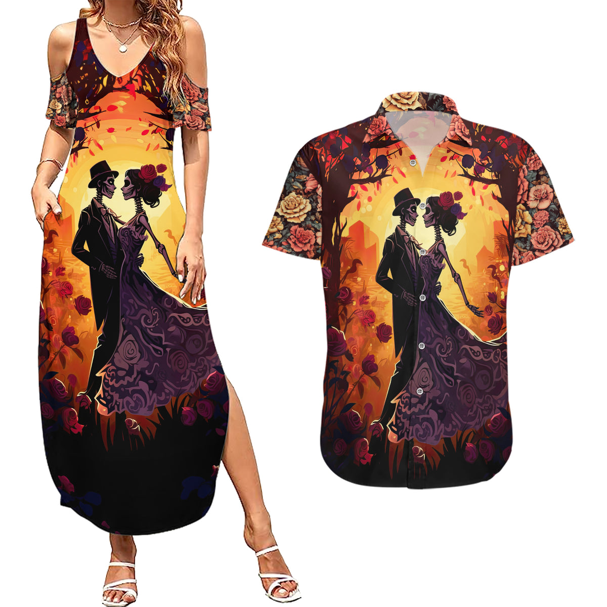Day of Dead Couple Couples Matching Summer Maxi Dress and Hawaiian Shirt Sugar Skull Couple Dancing - Wonder Print Shop