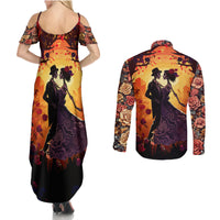 Day of Dead Couple Couples Matching Summer Maxi Dress and Long Sleeve Button Shirt Sugar Skull Couple Dancing - Wonder Print Shop